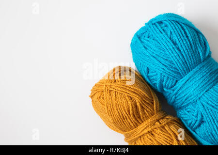 Colored balls of knitting wool yarn. View from above. Stock Photo