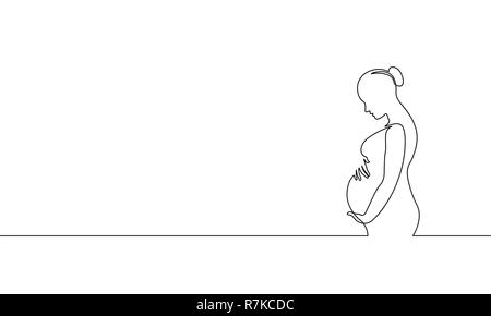 Pregnant woman single continuous line art. Medicine health care pregnancy healthy silhouette holding belly headline concept design one sketch outline drawing white vector illustration Stock Vector