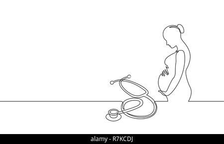 Pregnant woman single continuous line art. Medicine health care pregnancy stethoscope holding belly headline silhouette concept design one sketch outline drawing white vector illustration Stock Vector