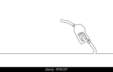 Refueling gas gun dispenser single continuous line art. Petrol industry business car diesel pump refuel headline silhouette concept design one sketch outline drawing white vector illustration Stock Vector