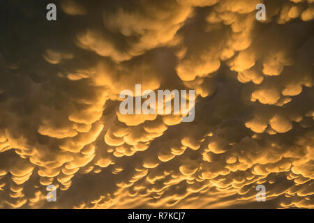 Detailed capture of mammatus clouds below the anvil of a severe thunderstorm. Photographed at the back of a severe thunderstorm over northern Nebraska Stock Photo