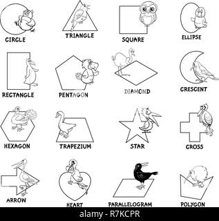 Black and White Educational Cartoon Illustration of Basic Geometric Shapes with Captions and Birds Animal Characters for Children Stock Vector