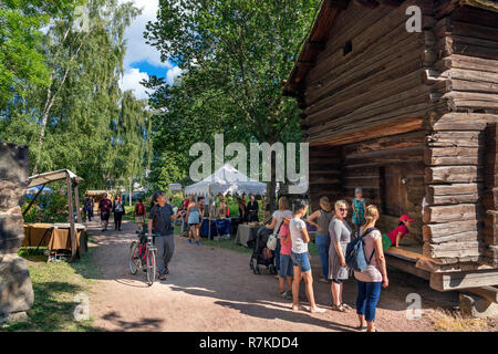 Stalls in the grounds of Turku Castle (Turun Linna) during the Medieval Tournament in July 2018, Turku, Finland Stock Photo