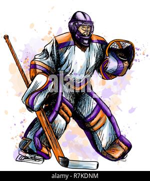 Abstract hockey goalkeeper from splash of watercolors. Hand drawn sketch. Winter sport Stock Vector