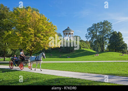 A horsedrawn carriage passing the Monopteros in the English Garden in Munich, Germany. These carriages are used for sightseeing purposes. The English  Stock Photo