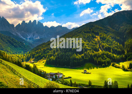 San Giovanni or St Johann in Ranui chapel, Funes Valley, Dolomites Alps. Trentino Alto Adige Sud Tyrol, Italy, Europe