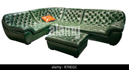Upholstery luxury modular khaki corner sofa. Green leather corner set with pillow and banquet isolated on white background Stock Photo