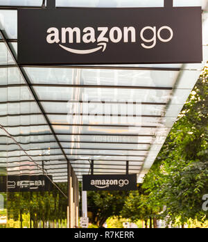 SEATTLE, WA, USA - JUNE 2018: Signs outside the Amazon Go store in Seattle city centre. Stock Photo