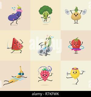 Set of Sports fruit characters. Cute healthy vegetables and funny face berries. Happy food watermelon broccoli avocado turnip strawberry eggplant banana. vegetarian vitamin diet. Stock Vector