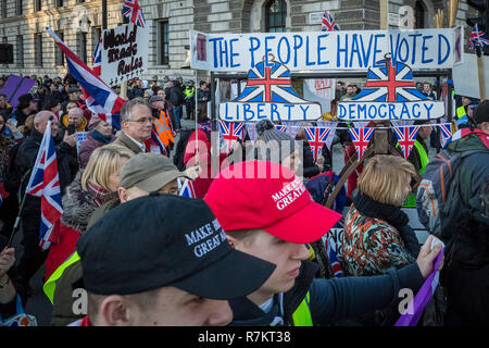 London, UK. 9th December, 2018. Brexit Betrayal Protest March. Thousands of pro-Brexit supporters join a mass march organised and led by UKIP leader Gerard Batten and appointed advisor Tommy Robinson in response to the deal brokered by Theresa May with the European commission. Marching from Park Lane towards to the south end of Whitehall via Parliament Square, hundreds of police officers in riot gear and units of mounted police were deployed to keep order. Credit: Guy Corbishley/Alamy Live News Stock Photo