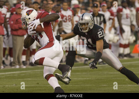 Oakland, California, USA. 21st Dec, 2008. Oakland Raiders cornerback Nnamdi  Asomugha #21 celebrates blocking pass for Houston Texans tight end Owen  Daniels #81 on Sunday, December 21, 2008, at Oakland-Alameda County Coliseum