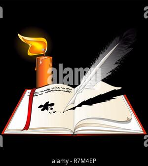 dark background, the open book with empty pages and burning candle Stock Vector
