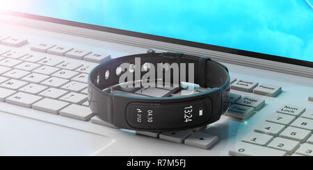 Fitness and technology, healthy lifestyle. Fitness tracker, smart watch on a computer, laptop, closeup view. 3d illustration Stock Photo