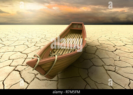 3D rendering of a conceptual representation of a drought with a boat on a dry lake Stock Photo
