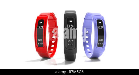 Fitness and technology, healthy lifestyle. Fitness tracker, smart watch, black, red and blue, isolated on white background. 3d illustration Stock Photo