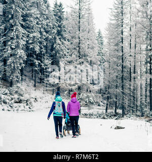 Two women with baby stroller enjoying motherhood in winter forest, mountains landscape. Mother hiking with a partner and a child in white snowy woods. Stock Photo