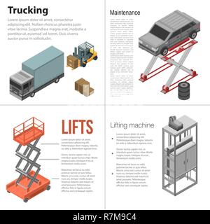 Lifting machine banner set, isometric style Stock Vector