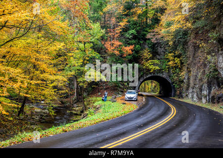 Great Smoky Mountains National Park, TN, USA – 11/2/2018: Tourists photograph Autumn color in the Smokies Stock Photo