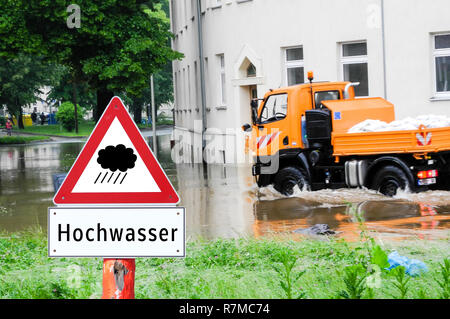 Flood warning warning sign flooding Stock Photo