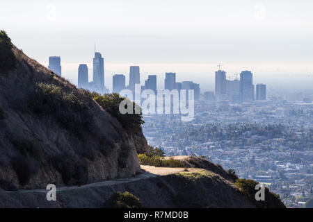 Early morning view of Griffith Park trails and downtown towers in Los Angeles, California. Stock Photo