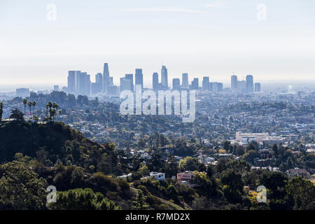 Morning skyline view of downtown Los Angeles from popular Griffith Park near Hollywood California. Stock Photo