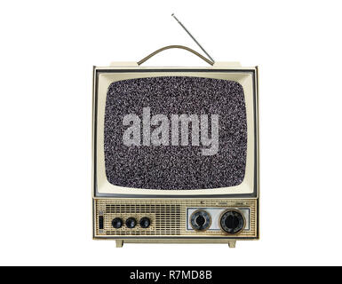 Grungy vintage portable television isolated on white with static screen. Stock Photo