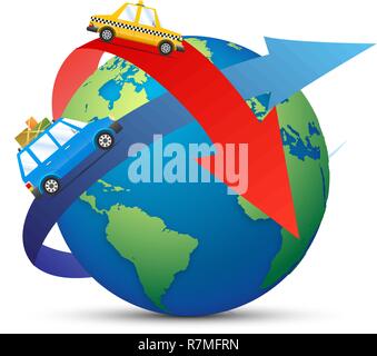 Traveling by Plane. Airplane in Sky with Sun, World Map and Clouds. Flight Design Template. Paper Art. Vector illustration Stock Vector