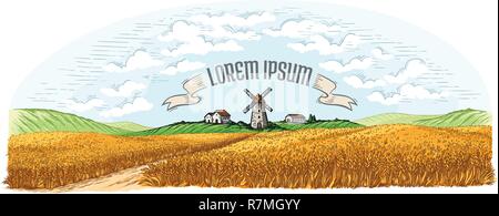 rural field with ripe wheat on background of mill, village and clouds. Color vector illustration Stock Vector