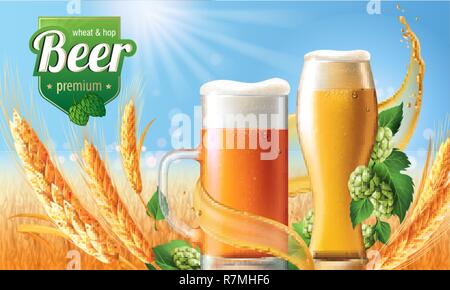 Beer Poster template for classic white beer ad package design. Vector glass cup with beer 3d illustration Stock Vector