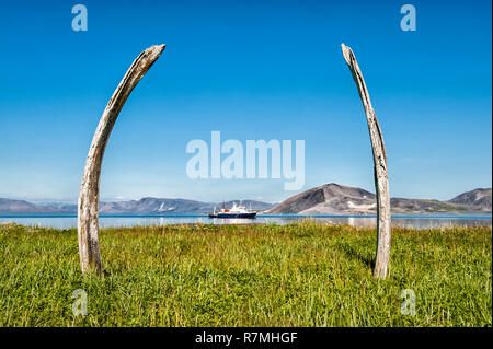 Tourist boat anchored off Yttygran Island, Whale Bone Alley, Chukotka, Russia Stock Photo