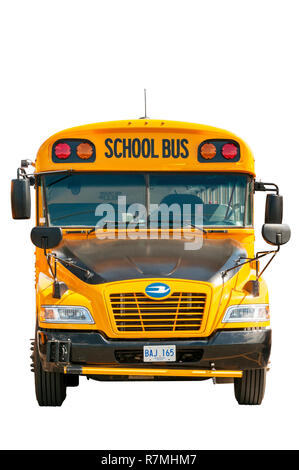A cutout front view of a yellow school bus. Stock Photo