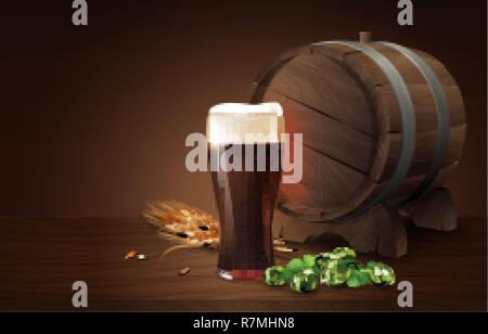 Dark porter beer in glass cup and wood barrel with wheat and hops, refreshing drink with white foam in 3d illustration, splashing beer vector illustration Stock Vector