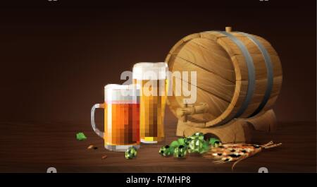 lager beer in glass cup and wood barrel with wheat and hops, refreshing drink with white foam in 3d illustration, splashing beer vector illustration Stock Vector