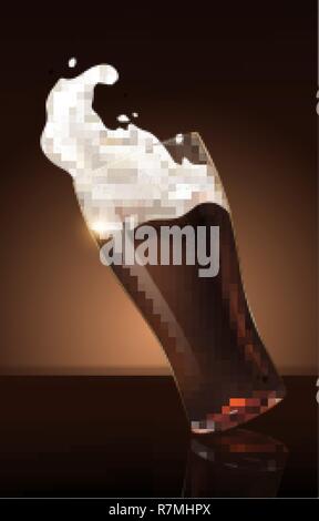 Dark beer in glass cup, refreshing drink with white foam in 3d illustration, splashing beer vector illustration Stock Vector