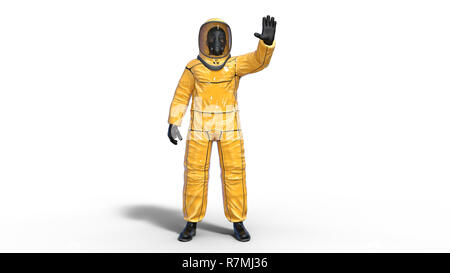 Man in biohazard protective outfit waving, human with gas mask dressed in hazmat suit for toxic and chemicals protection, 3D rendering Stock Photo