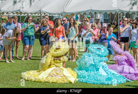 Azalea Trail Maids pose for pictures at the 66th annual Blessing of the Fleet in Bayou La Batre, Alabama, May 3, 2015. Stock Photo