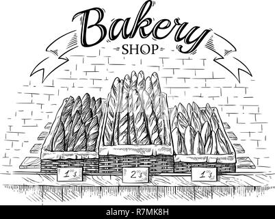 fresh baguettes in the wooden basket on showcase vector illustration Stock Vector