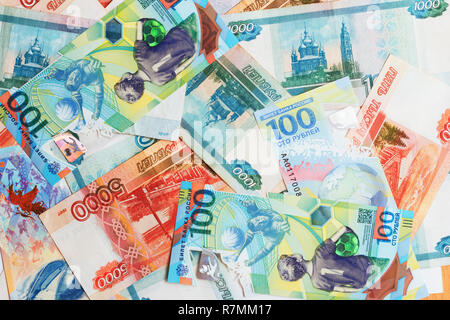 Heap of mixed paper notes of the Russian ruble of different issues and face value. Top view. Stock Photo