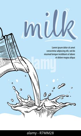 Sketch hand drawn poster milk splash from glass jug vector illustration Stock Vector