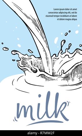 Sketch hand drawn poster milk splash from glass jug vector illustration Stock Vector