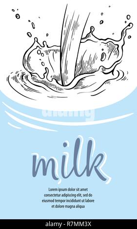 Sketch hand drawn poster milk splash from glass jug vector illustration Stock Vector