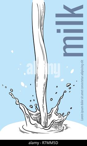 Sketch hand drawn poster milk splash from glass jug vector illustration Stock Vector