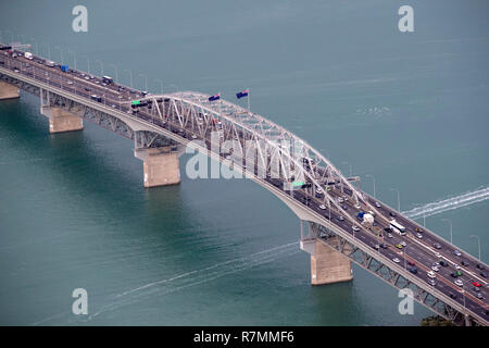 Aerial cityscape overviews of Auckland City, CBD, bridge, Waitemata harbour and Hauraki Gulf, New Zealand Stock Photo