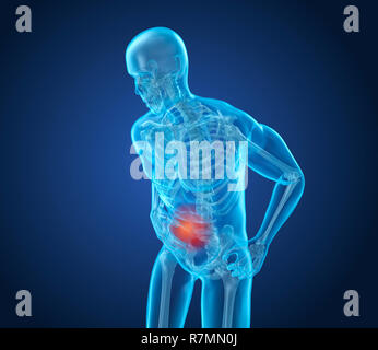 Man is feeling pain under her ribs. 3D illustration Stock Photo