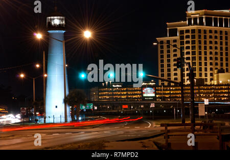 The Biloxi Lighthouse and the Beau Rivage Casino are pictured at night, Sept. 22, 2010. Stock Photo