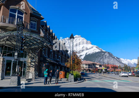 Alberta, Canada - October 7, 2018 : Downtown Banff with Cascade Mountain at Banff National Park Stock Photo