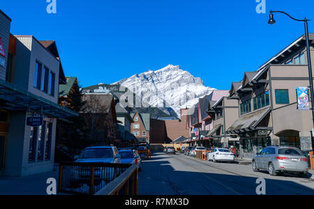 Alberta, Canada - October 7, 2018 : Downtown Banff with Cascade Mountain at Banff National Park Stock Photo