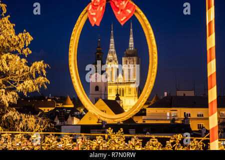 Advent in Zagreb, a view to Zagreb Cathedral to the picture frame at night Stock Photo