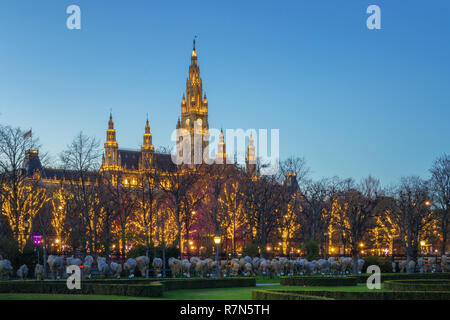 Illuminated Town Hall of Vienna - Austria Stock Photo