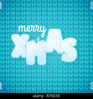 Greeting card with phrase Merry Xmas. Ice letters. Knitted blue background. Sweater close up view background Stock Vector